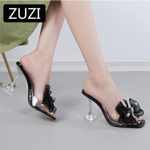 ZUZI Big Size Transparent Crystal Womens Slippers 2021 Wedge Heel Shoes Slides High Heels Women Shoes Fashion Bow Sandals