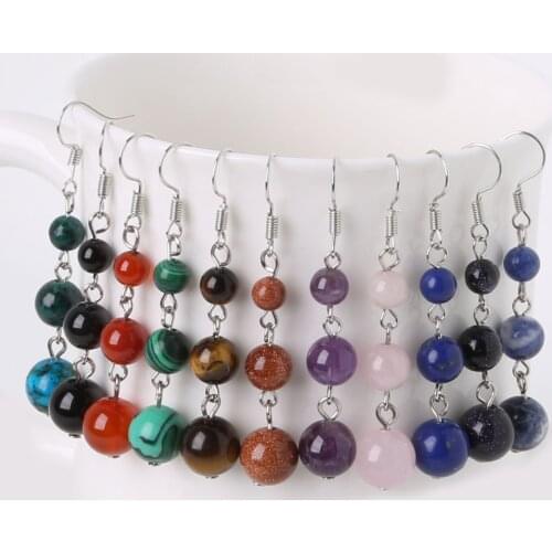 Hot Selling 1Pair/bag 6mm+8mm+10mm Earrings for Women Natural Tiger Eye Beads Stone Dangle Long Lady Earrings Jewelry