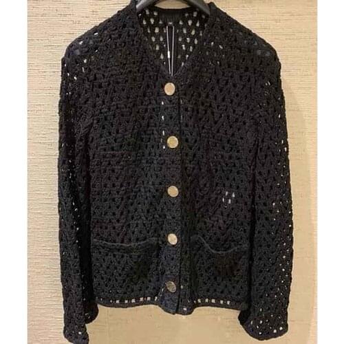 Women Cardigan 2021 Spring/Summer Hollow Out Woven Long-sleeved Knitted Cardigan Golden Buttons Knitted Sweater Black