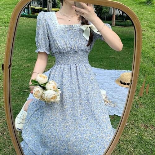 Floral French Dress Elegant Women 2021 Summer V-Neck Short Sleeve Fairy Dress Print Chic Retro Sweet One-piece Dress