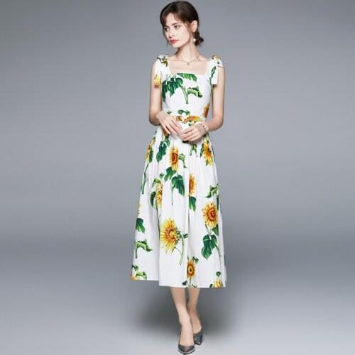 Runway Green Floral Print Midi Dress 2021 Summer Womens Bow Spaghetti Strap Square Collar Boho Dress with Belt k8688