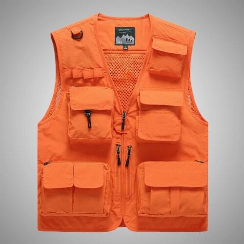Summer V-neck Men Tactical Utility Vest Orange Safety Vest Outdoor Sleeveless Hunting Fishing Vest Male Casual Sportswear 7xl