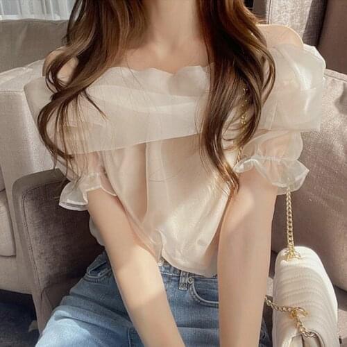 Blusas Mujer De Moda 2021 Mesh Off Shoulder Womens Tops Puff Sleeve Korean Chic Blouse Shirt Summer Thin Elegant 15792