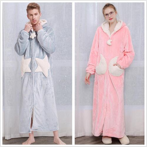 2019 Women Men Coral Velvet Bathrobe Pajamas Robe Couple Winter Warm Hooded Long Nightgown Casual Bath Robes Sleepwear Overcoat