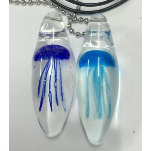 FREE SHIPPING 2 PCS Blue Jellyfish on White Glass Teardrop Pendant Necklace Charm Punk Hippie Black Rope