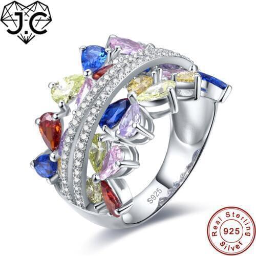 J.C Ruby Spinel Green Amethyst Sapphire Pink Peridot Garnet Topaz Real 925 Sterling Silver Ring Size 6 7 8 9 Women Fine Jewelry