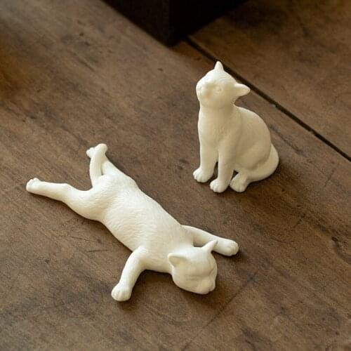 Pure White Porcelain Cute Cat Tea Pet Handmade Ceramic Small Bonsai Animal Figurine Decor Fairy Garden Miniatures Figurines Gift