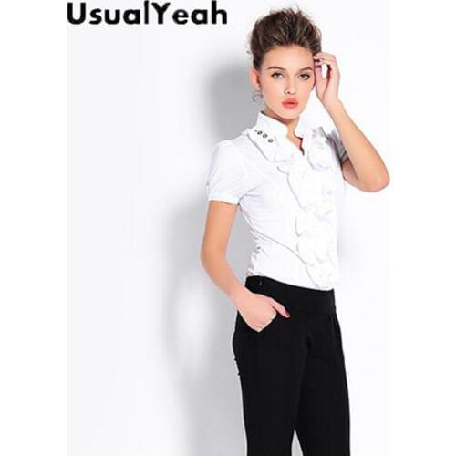 Summer Fashion Elegant Office Lady Short Sleeve Body Shirt Ruffles Frilled Blouse Slim Fit SY0363 Drop shipping