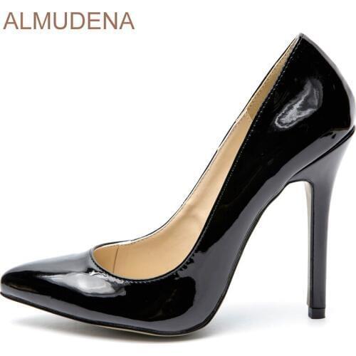 ALMUDENA Spring Fall Hot Selling Shiny Black Patent Leather Pumps Thin High Heels Pointed Toe Dress Shoes Slip-on Concise Pumps