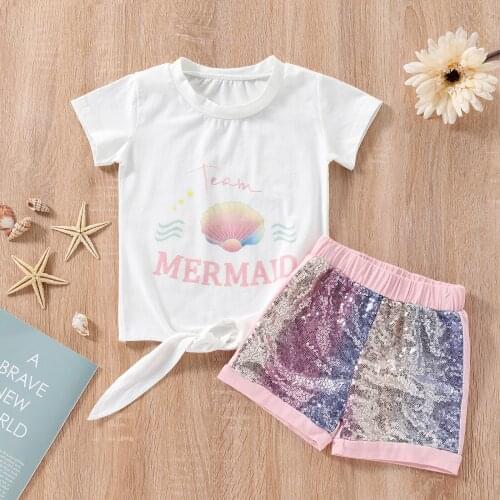 Fashion Children Girls Summer Clothes Sets 2pcs Short Sleeve Shell print T Shirts Tops Sequins Shorts