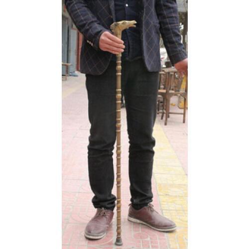 Folk Chinese Dynasty BRASS Horse Head auspicious Statue Walking Stick Crosier Sculpture statues unicornio garden decoration