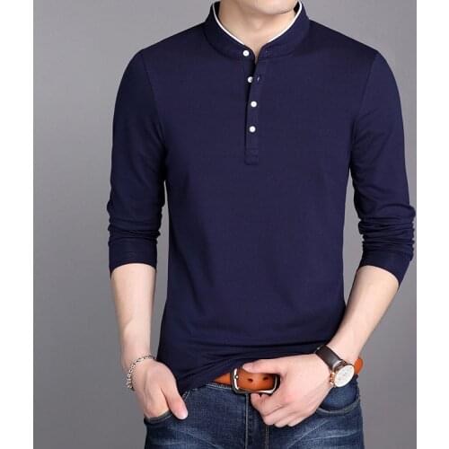 MRMT 2021 Brand New Autumn Mens T-shirt Four-button Long-sleeved T-shirt for Male Vertical Collar Pure Color Tops Tshirt