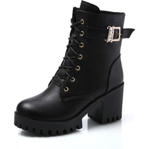 Solid Black Leather Boots Fad New Ankle Boots for Women Shoes Woman Buckle Thick Sole Platform Winter Boots Lace Up Botas Mujer