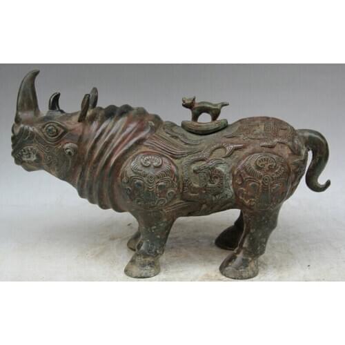 Song voge gem S1814 15" Old Chinese Bronze animal Beast Bull Oxen rhinoceros Statue Pot Jar Crock