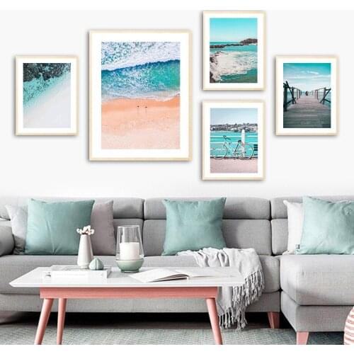 Reef Wave Ocean Beach Bicycle Bridge Sky Wall Art Canvas Painting Nordic Posters And Prints Wall Pictures For Living Room Decor