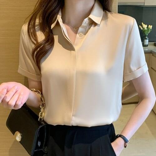 Satin Short Sleeved Women Shirt 2021 Summer New Design Young Business Shirt OL Commute Chiffon Elegant Imitation Silk Blouse