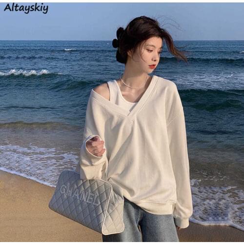 Sweatshirts Women Chic Loose Long Sleeve Basic Autumn Ladies Clothing Korean Fashion Outerwear V-neck Female Streetwear Stylish