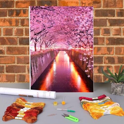 Flower Sakura Pre-Printed 11CT Cross-Stitch Embroidery Patterns DMC Threads Sewing Handicraft Hobby Painting Sales Design