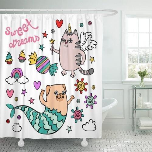Dog Sweet Dreams Unicorn Cat Pug Mermaid and Rainbow Shower Curtain Polyester 60 x 72 inches Set with Hooks