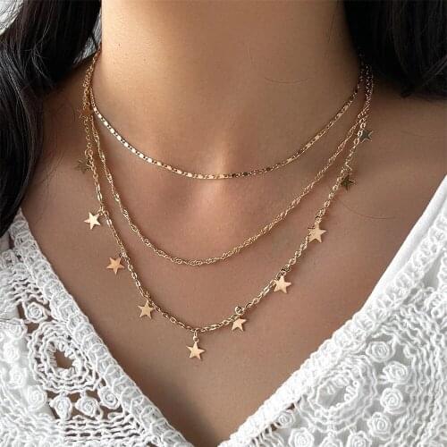 LXY-W Vintage Geometric Fashion Gold Punk Chain Five-pointed Star Pendant Necklace For Women Boho Multilevel Choker Jewelry Gif