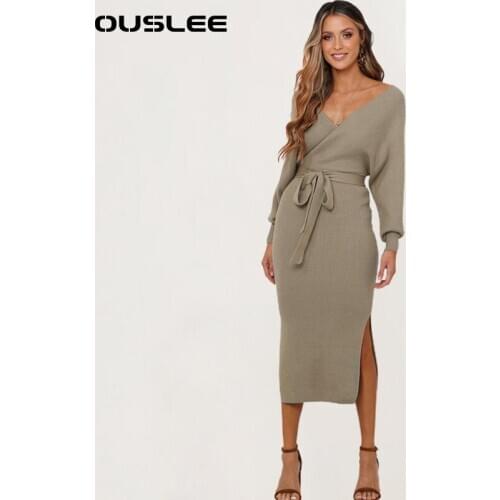 OUSLEE 2021 Spring New Women Knitted Sweater Dress Korean Style Batwing Long Sleeves V Neck Elegant Dresses Ladies Bandage Dress