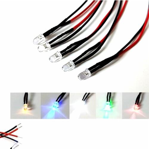 10Pcs 3V 5V 6V 9V 12V 24V 36V 48V 110V 220V Clear 3mm Pre-wired With 20cm Red&Black Wire, Light=White Red Blue Green Yellow