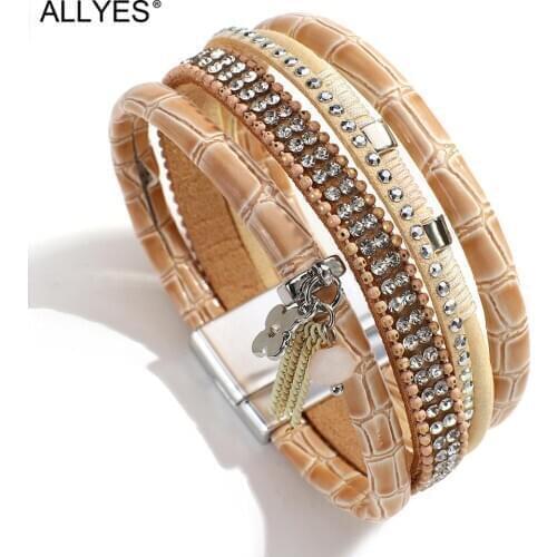 ALLYES Vintage Exquisite Black Crack Leather Bracelet for Women Multilayer Rhinestone Rivet Charm Wide Wrap Bracelet Jewelry