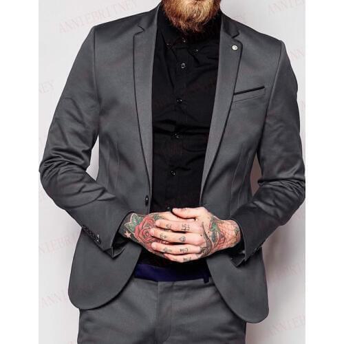 ANNIEBRITNEY 2019 Fashion Grey Satin Italian Men Suit Set Prom Wedding Tuxedo Slim Fit Groom Suits Custom Formal Blazer Pants