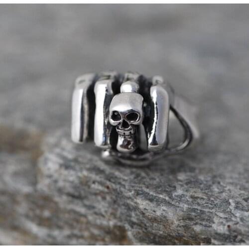 FNJ 925 Silver Punk Skull Fist Rings Original 100% S925 Solid Prue Thai Silver Ring for Men Jewelry Vintage