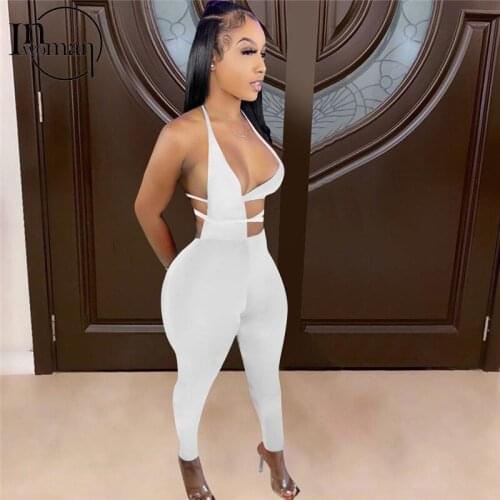 Inwoman Black Sexy Romper Summer Drawstring Pant Backless Long Jumpsuit Women One Piece Club Outfit For Bodycon Jumpsuit Female