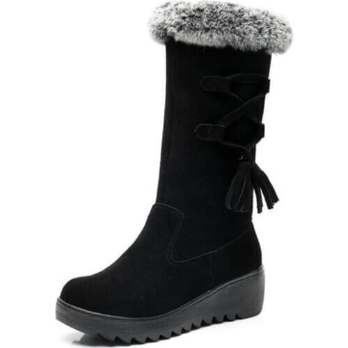 New Top Matte Cowhide Real Rabbit Fur Winter Shoes Fashion Boots Warm Snow Boots In-tube Boots Women Boots Flat Wedges Plus Size