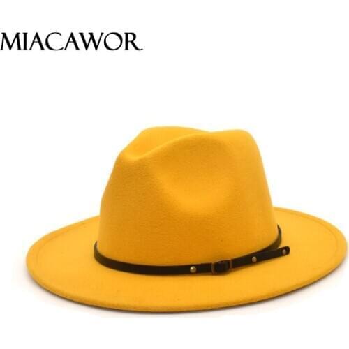 MIACAWOR Autumn Winter Womens Felt Hat Fedoras Hats For Women British Style Vintage Church Hats Lady Flat Brim Fedoras F95