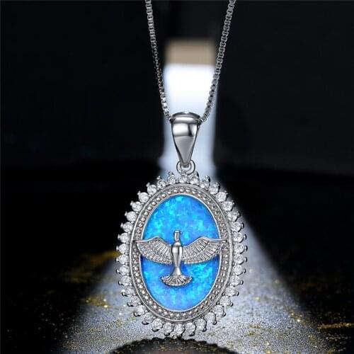 Cute Peace Dove Pendant Necklace Big Oval Blue Opal Animal Necklaces For Women Wedding Jewelry Charm Silver Color Chain Necklace