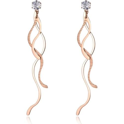Trendy Stainless Steel Geometric Bending Tassel Earrings Jewelry Rose Gold CZ Crystal Dangle Earrings For Women Сережки E19110