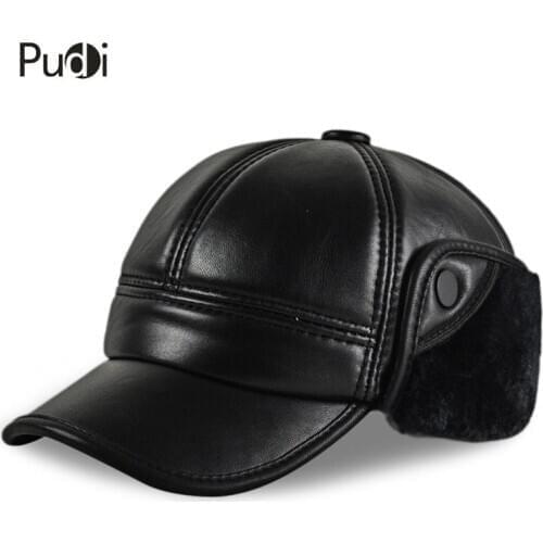 HL165 Genuine Leather Baseball Cap Hat Mens Winter Brand New Shee Skin Leather Hats Caps Black With Faux Fur Inside Earflap