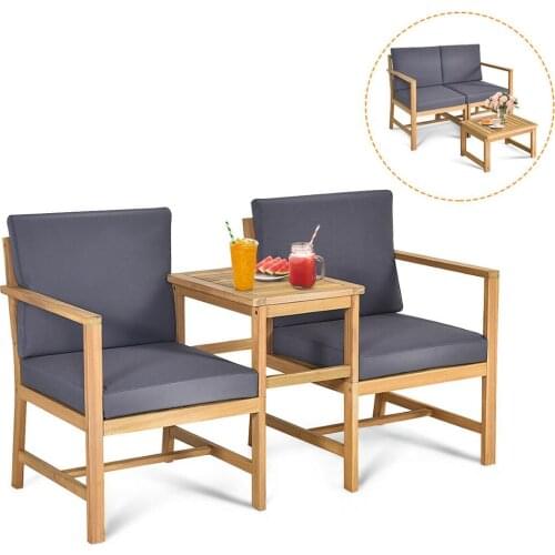 3PCS Patio Table Chairs Set Solid Wood Thick cushion Sectional Garden Furniture OP70387