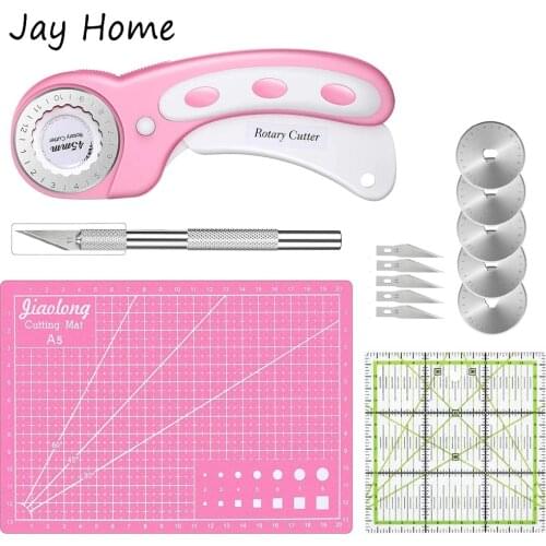 5Pcs Rotary Cutter Set Quilting Kit 45mm Fabric Cutter & 5 Replacement Blades & Cutting Mat & Acrylic Ruler for Sewing Craft