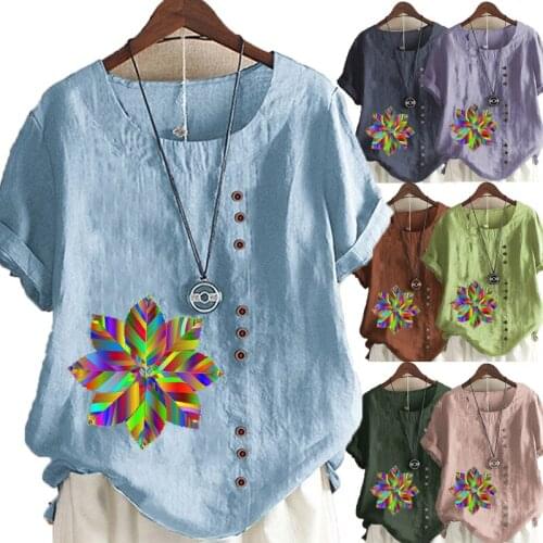 New Womens Casual Printed Linen Tops Round Neck Short Sleeved Plus Size Button T-Shirt Loose Graphic Blouse Top