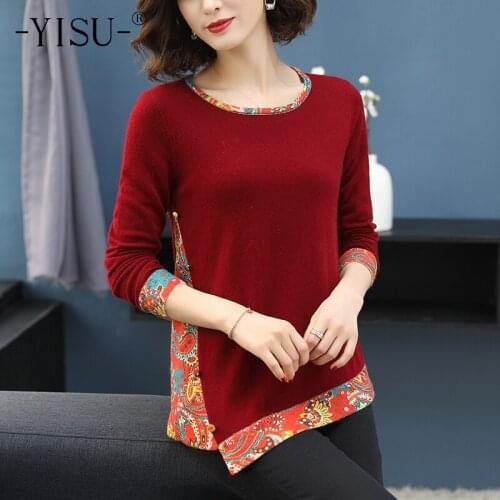 YISU 2019 Autumn Winter Women Sweater O-Neck Long Sleeve pullover Irregular printed stitching sweater warm Knitted sweater Women