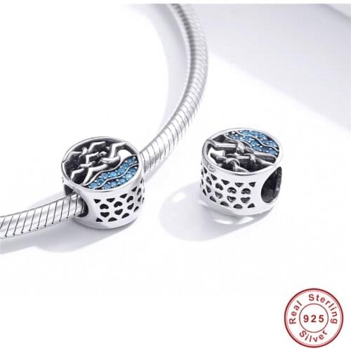 Fit Europe Bracelet Original 925 Sterling Silver Ocean Blue Zircon Seagull Beads S925 Round CZ Sea Bird Charms for DIY Jewelry
