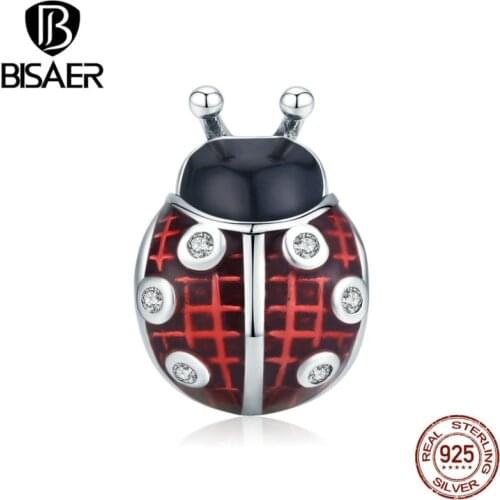 BISAER 925 Sterling Silver Red Ladybug Charms Insect Beads Enamel Animal Pendant Fit Original Bracelet DIY Necklace ECC1481