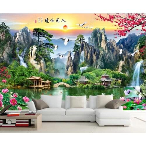 Custom photo 3d wallpaper Chinese style mountain lake and flowers scenery home decor 3d wall murals wallpaper for walls 3 d