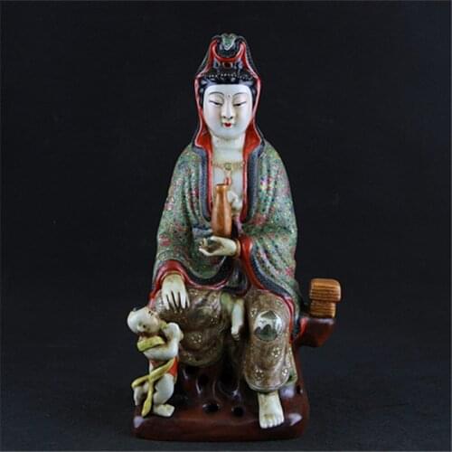 Famille rose sitting stone Guanyin Buddha statue sculpture ancient porcelain