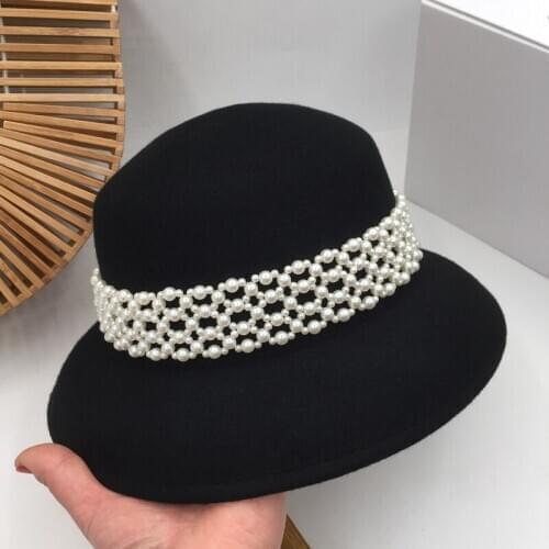 Talent for autumn/winter in paragraph wool hat hand fisherman hat handmade pearl ribbon female basin hat black hat
