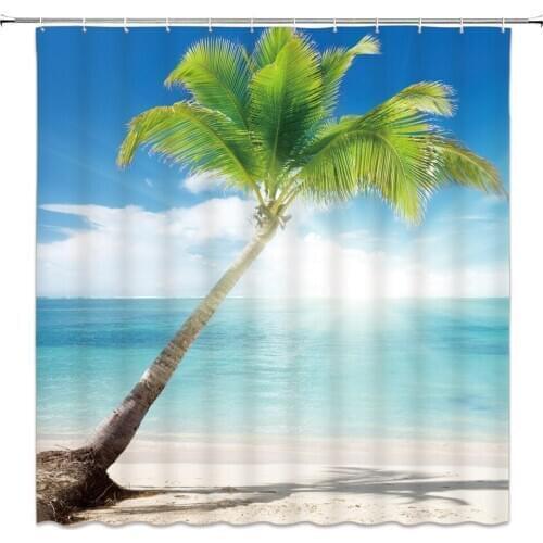 Summer Ocean Scenery Coconut Tree Shower Curtains Lotus Leaf Bamboo Bathroom Decor Home Bathtub Waterproof Polyester Curtain Set