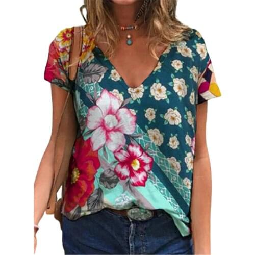Casual Women Summer New T Shirt 2021 Fashion Contrast Color Floral Print Ladies Loose Tops 3XL Plus Size Short Sleeve Streetwear