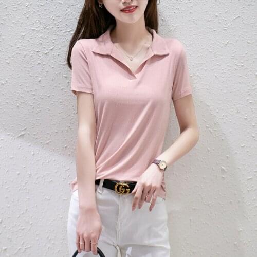 Cotton T-shirt Solid Color Turn-down Collar Short Sleeved T-shirt Female 2021 Spring And Summer New Slim Half Sleeved