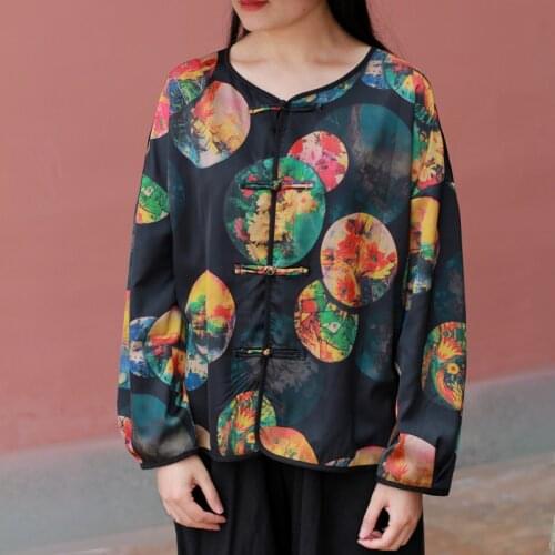 Johnature Women Vintage Shirts Polyester O-Neck Long Sleeve Print Floral Button Clothing 2021 Spring New Chinese Style Blouse