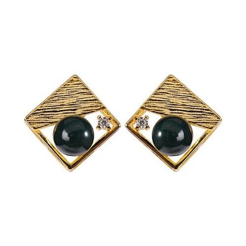 S925 sterling silver gold plated Natural Mexican blue amber stud earrings Personality Light luxury Temperament Rhombus Womens