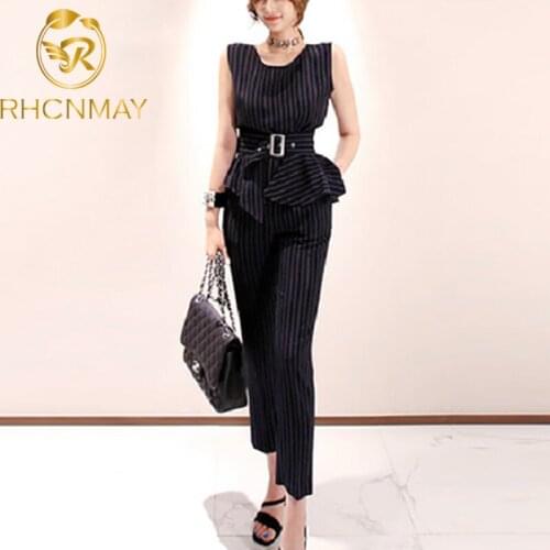 2020 Summer Striped sleeveless Women Tops and trousers 2 Piece Sets casual Office wear lady Korean fashion sashes Suit